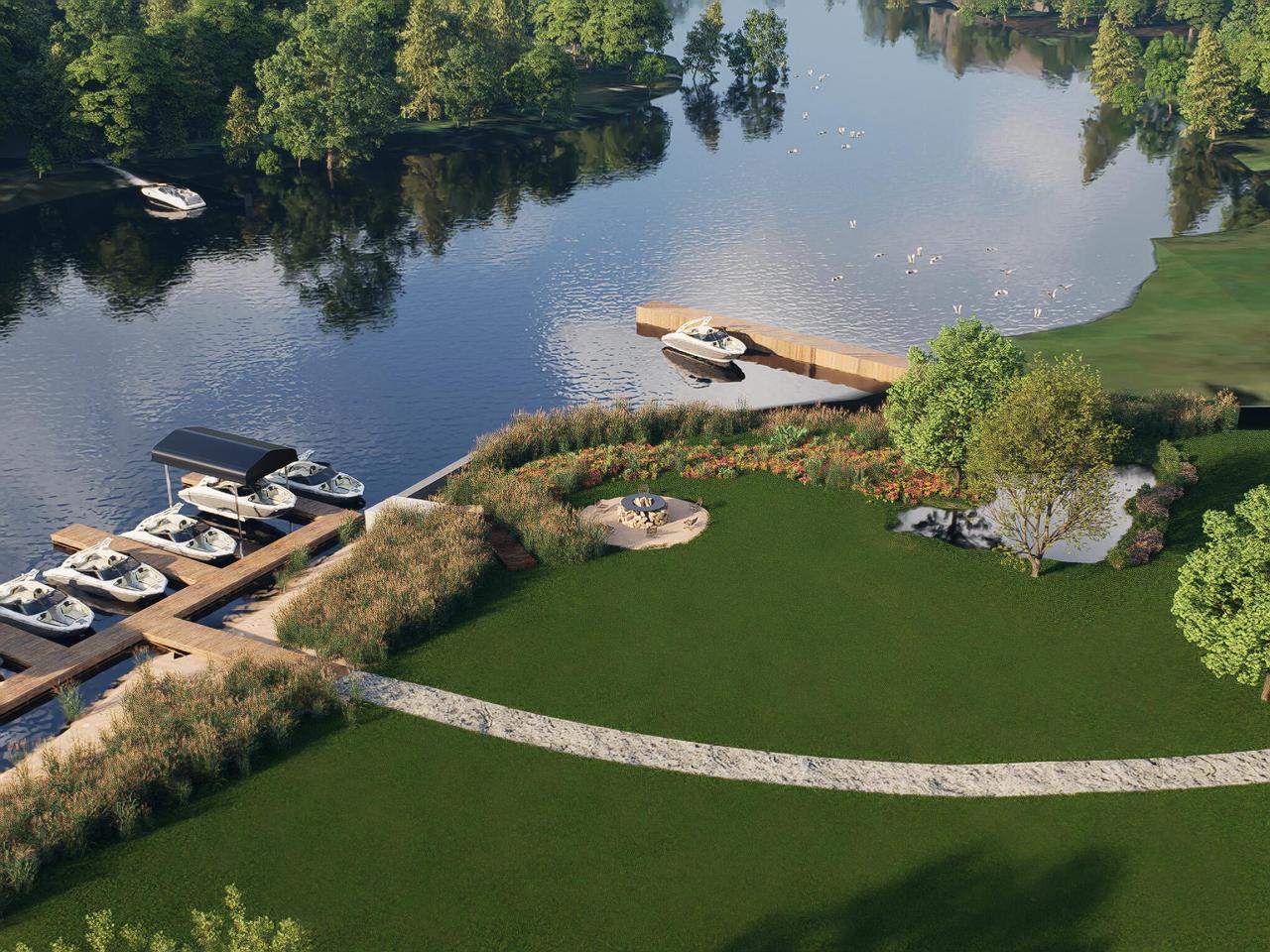 Cottage Shores private docks, firepit, and shared green space rendering