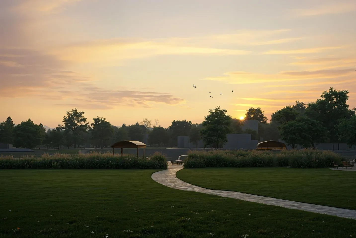 Golden hour over the shared green space and waterfront pavilions at Cottage Shores