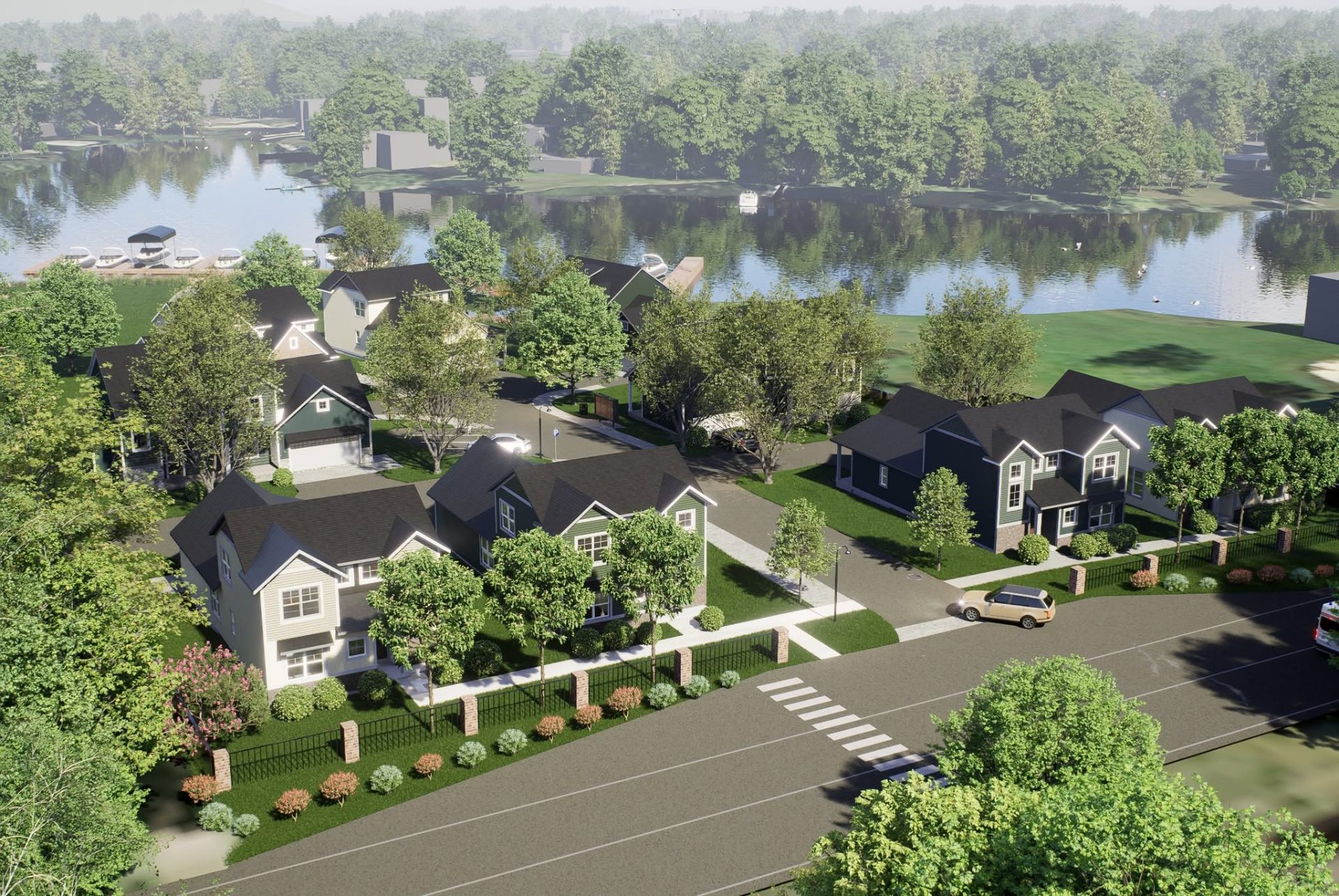 Aerial rendering of the Cottage Shores waterfront community with custom cottages, shared green space, and Smith Bayou shoreline