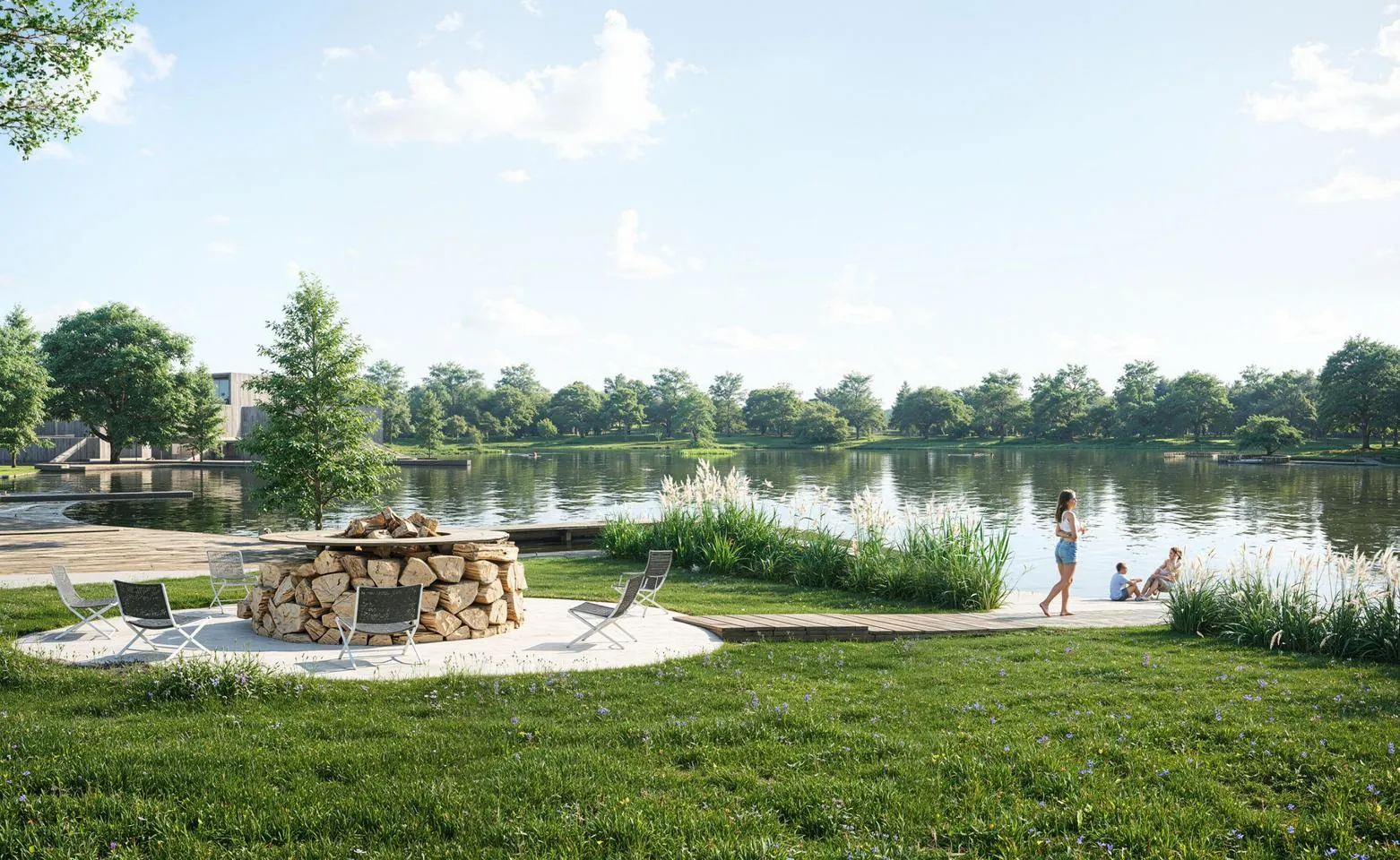 Sunset firepit gathering on the shared lakeside lawn at Cottage Shores, Spring Lake Michigan